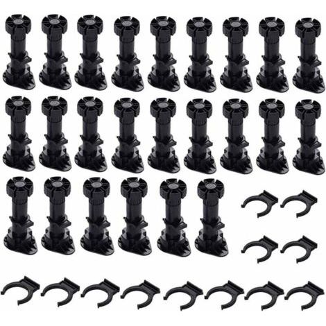 24 Pièces Pieds D'Armoire Plastique, Pied de Meuble, Pied Réglable pour Meuble, Noir Pieds de Meuble Plastique avec Clip Fixation Base pour Meubles de Cuisine, Armoire et Canapé  (60mm-8mm)
