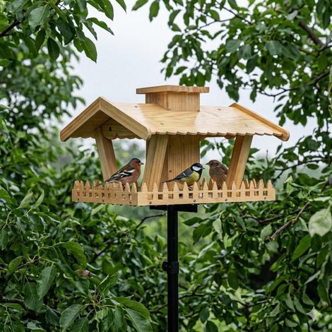 XL Vogelhaus aus Echtholz zum Aufhängen & Aufstellen mit 1,5L Futtersilo