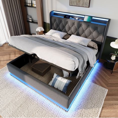 CHICFURN Cama tapizada 180x200 cm gris con LED perimetral, cabecero con USB y USB-C, canapé abatible hidráulico y almacenaje bajo cama, sin colchón (1/5)