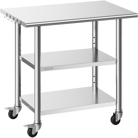 VEVOR Table de Travail Cuisine Professionnelle, Table Centrale Inox 91,5x61 cm, pour Preparation des Aliments CHR Cafe Hotel Restaurant, Poste de Travail en Acier Inoxydable 3 Niveaux sur Roulettes (1/5)