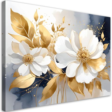 Bild auf Leinwand Weiße Blumen und goldene Blätter 30x20 (1/5)