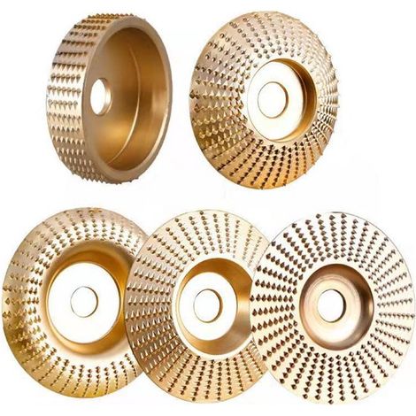 Set di 5 utensili per smerigliatrice angolare, per la lavorazione del legno: disco per sagomatura, mola circolare, utensile per affilare, mola per lucidatura, 100 x 22 mm - 85 x 22 mm, colore oro. (1/5)
