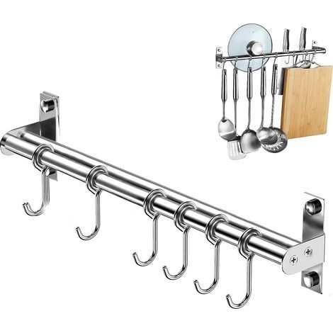 Porte Ustensiles Cuisine, Barre Murale de Cuisine Ustensiles avec 6 Crochets Coulissants, Support Suspendre des Ustensiles en Acier Inoxydable pour Salle de Bain/Garage/Chambre, 40cm (1/5)