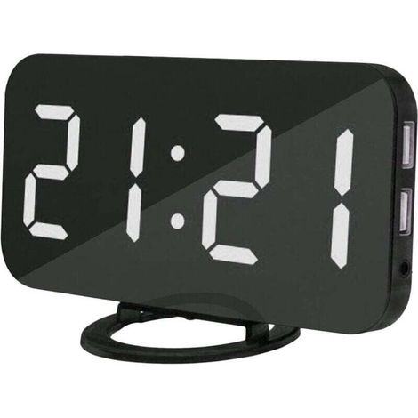 Sveglia digitale, display a specchio LED da 6,2 pollici con due porte USB, modalità di attenuazione automatica, orologio da parete/scrivania con funzione snooze e luce notturna a batteria a bottone. (1/4)