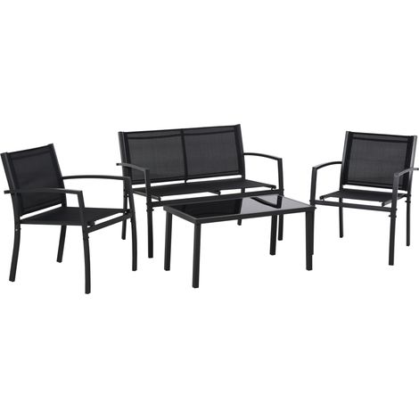 4-teiliges Garten-Set: Couchtisch, 2 Gartenstühle & schwarze Metallbank