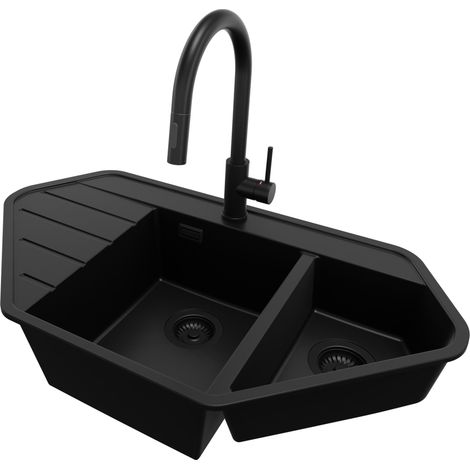 PRIMAGRAN Evier d'angle en Granit 90x50cm, Lavabo Cuisine 1,5 bacs + Kit de Vidage + Accessoire, Évier à Encastrer au meuble 80cm, Tout Noir