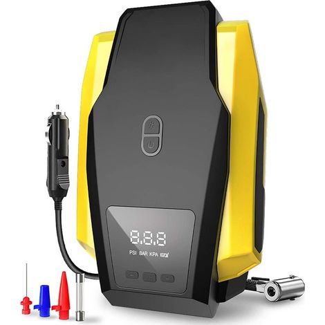 Gonfiatore digitale per pneumatici, compressore d'aria portatile da 12 V 150 psi, gonfiatore rapido per pneumatici auto con luce LED, 3 adattatori per ugelli e fusibile di ricambio. (1/5)