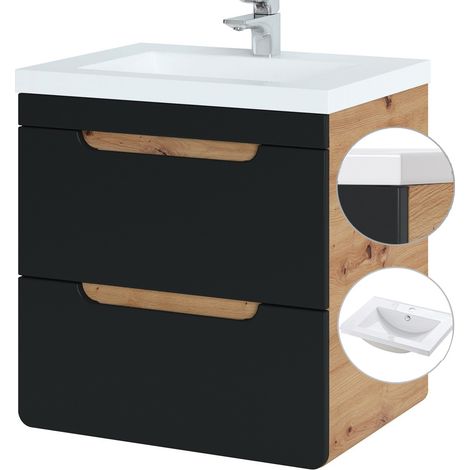 Waschtischunterschrank 61 cm mit Keramik-Waschtisch NEW-LUTON seidenmatt anthrazit mit Wotan Eiche Nb. B/H/T ca. 61/63/46 cm (1/5)