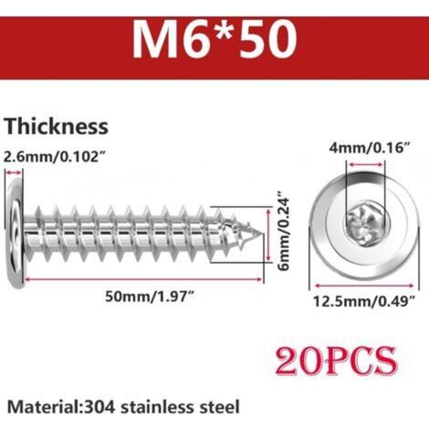 20 Pièces Vis Autotaraudeuses à Tête Plate, Vis à Bois à Six Pans Creux, Acier Inoxydable 304, M6x50mm, pour Plastique Bois Métal (1/5)