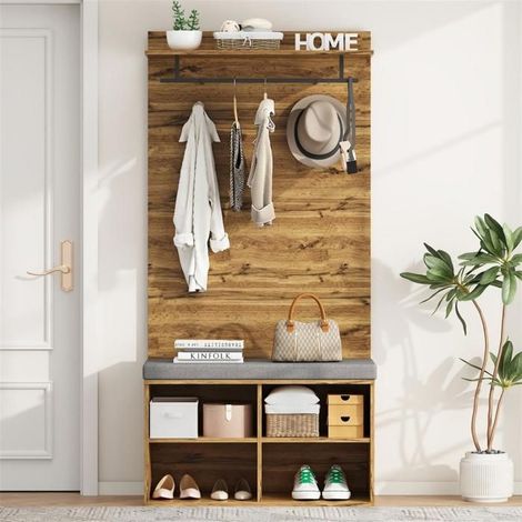 Armoire d'entrée - GUTENT - 84x32x175 cm - Bois marron - 3 étagères (1/5)