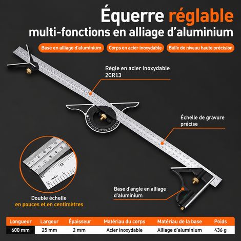 Équerre combinée multifonction réglable 90° modèle B grand format 60 cm en acier inoxydable 60cm 1 kg – Livraison gratuite