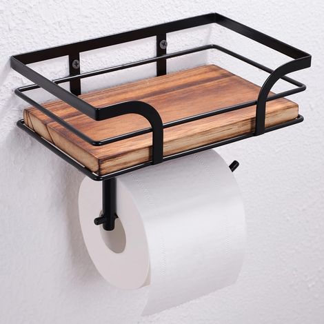 Soporte de papel higiénico de pared estilo granja rústica con estante de madera (metal negro) (1/3)