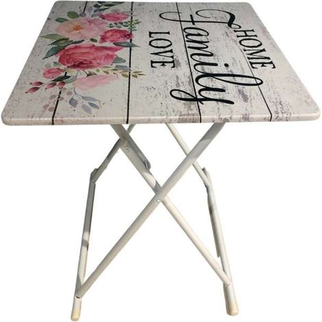 Tavolino Family Love pieghevole shabby - 60 x 60 x 73 cm - Bianco e rosa (1/4)