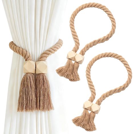 Lot de 2 Embrasses de Rideaux Magnétiques – Corde de Coton Style Pastoral, Idéales pour Salon, Chambre & Salle de Bain (Brun)