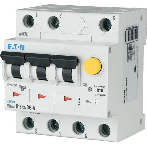 Eaton RCD/LS-Schalter-Kombischalter, 10 A, 30 mA, Leitungsschutzschalter Typ-B-Auslöseverhalten, 3 p, Fehlerstromschutzschalter Auslösekennlinien: A, 170733