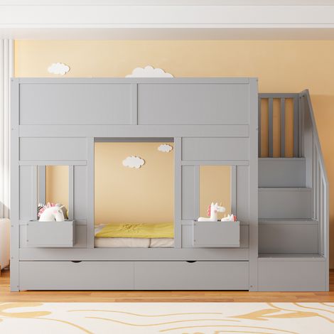Lit Superposé 90x200cm - Avec Étagères dans l'Escalier - 2 Tiroirs et 2 Boîtes de Rangement - Fenêtres Décoratives - Barrières de Sécurité - Capacité 120kg - Gris (1/5)
