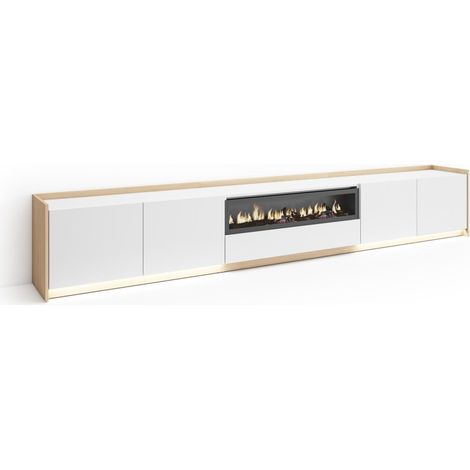 Skraut Home - Mueble TV, Televisión, Muebles de salón, almacenaje, 310x37x50cm, Para TV hasta 80", Chimenea eléctrica, LED, Estilo Moderno, Blanco y roble soft (1/5)