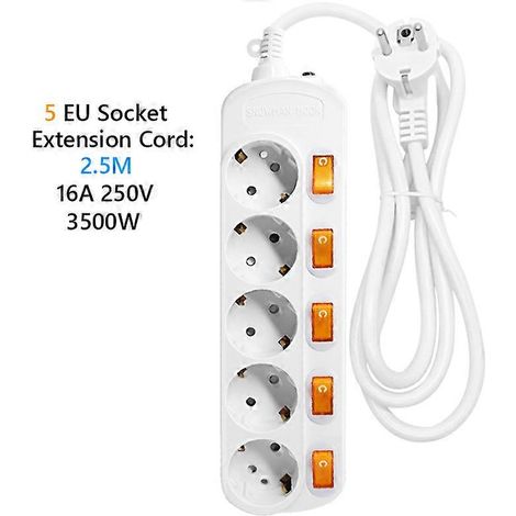 Spécifications : câble d'extension 10/16A 250V avec protection contre les surcharges, multiprise de 4,8 mm, disjoncteur double, prise de courant alternatif à 2 broches, 5 trous, 2,5 m. (1/4)