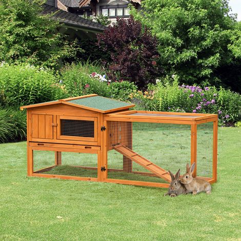 PawHut Clapier cage à lapins rongeurs 2 étages tiroir déjection enclos extérieur amovible toit ouvrant 156L x 58l x 68H cm bois massif pin