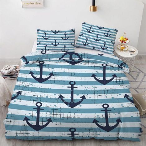Bettwäsche-Set 135x200 cm 4-teilig mit Anker-Motiv, 100% Mikrofaser, Wendebettwäsche mit Reißverschluss