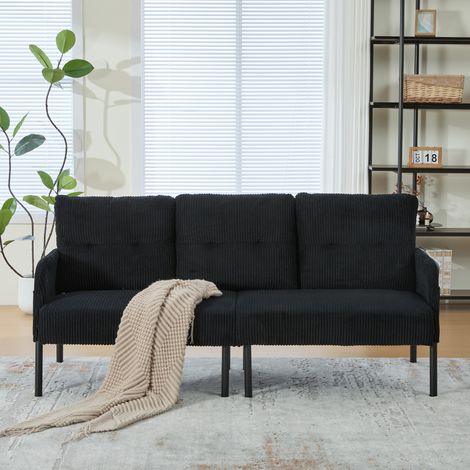 Canapé 3 places en velours côtelé avec rembourrage moelleux, dossier haut et poches latérales pratiques. Pieds en métal stables et structure robuste. Idéal salon, chambre ou bureau à domicile (1/5)