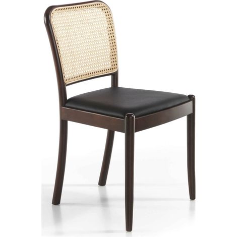Chaise bois massif assise rembourrée simili dossier en rotin - Noyer, noir, beige (1/4)