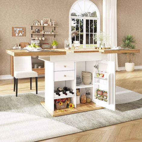 Table à manger télescopique 110-140 x 80 cm extensible blanche avec étagères pour snacks et vin. (1/5)