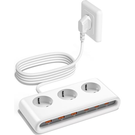 Adaptateur de prise plat avec USB, multiprise 6 en 1 (blanc) (1/5)