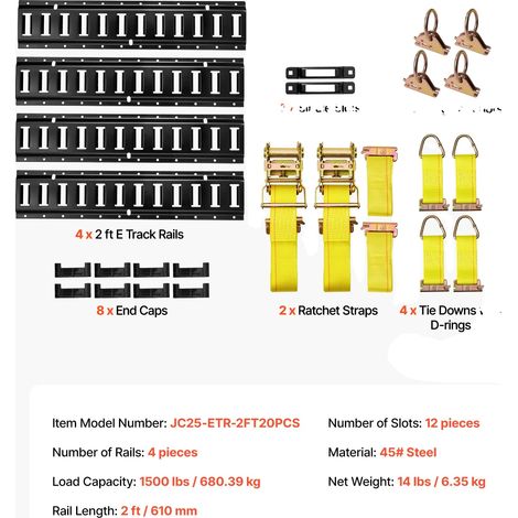 Kit de rail de fixation E-Track, comprend des anneaux en O, des anneaux en D, 4 Pack (1/2)