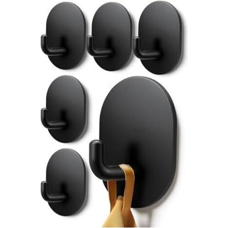 Lot de 6 crochets muraux autocollants en acier inoxydable - Idéal pour salle bain, cuisine et bureau Noir (1/5)