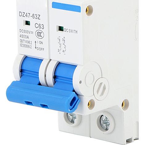Disjoncteur miniature DC 500V 63A 2P, interrupteur-sectionneur solaire photovoltaïque sur rail DIN, protection isolation photovoltaïque, coupure courant continu pour système solaire. (1/5)