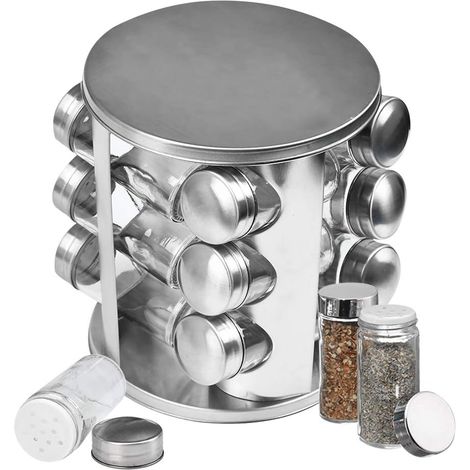 Stainless Steel Spice Rack Rotating Shelves with 12 Glass Jars, Rotating Spice Storage Rack and Thickened Glass Spice Jars with Cap (1/5)