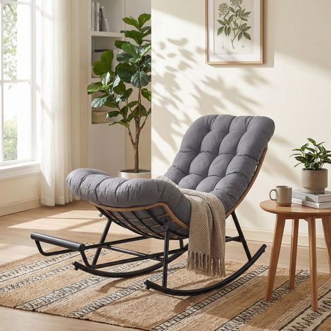 Vasagle – Fauteuil relax ergonomique gris – Repose-pieds extensible – Structure en acier – Capacité 136 kg – Matelassage en polyester et rotin PE