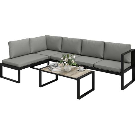 5-Personen-Eck-Gartenlounge-Set mit 2 Sofas, Sessel ohne Armlehnen und Couchtisch, Dunkelgrau
