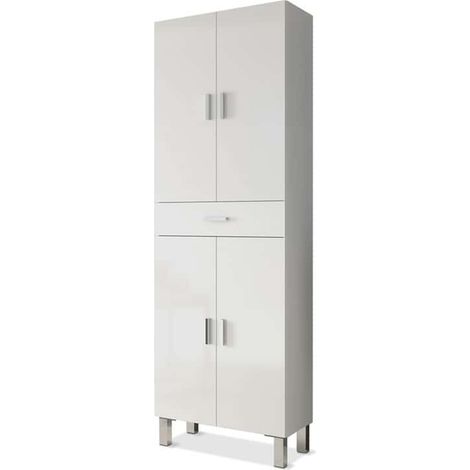 Pegane – Colonne de salle de bain suspendue 4 portes blanc brillant – Dimensions 182 x 60 x 29 cm – Avec tiroir – Pour espaces restreints