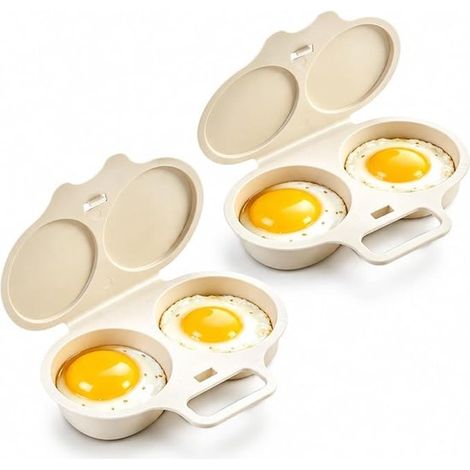 Cuiseur à œufs pour micro-ondes - 2 pièces - Cuiseur vapeur pour œufs - Accessoires de cuisine - Ustensiles de cuisine - Double évier - Design compact - Blanc (1/5)