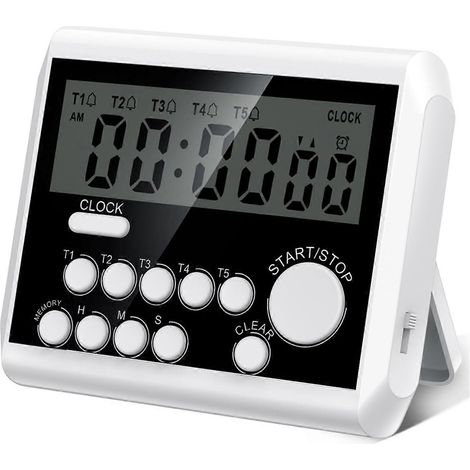 Minuteur de cuisine numérique 5 canaux avec mode horloge et grand écran LCD, minuteur de cuisson (1/5)