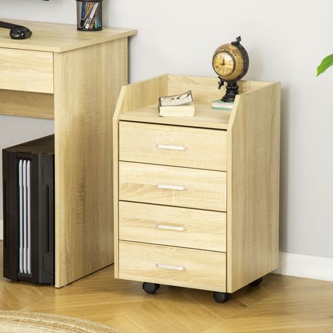 Cajonera de Oficina Mueble Auxiliar para Archivos con 4 Cajones Encimera Superior de Almacenaje 4 Ruedas y 2 Frenos para Estudio Despacho 40x36x65 cm Natural (1/5)