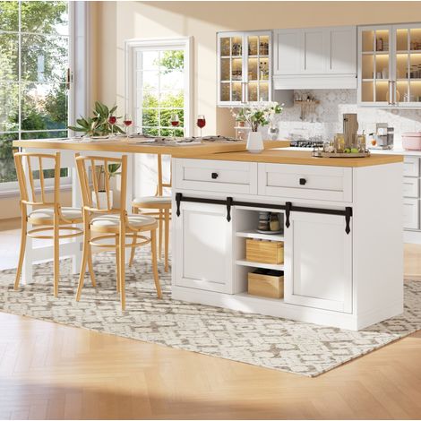 Isla de cocina giratoria 120-197 cm con puertas correderas, 2 cajones, estantes ajustables, MDF y metal blanco (1/5)