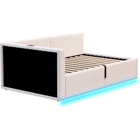 Cama tapizada 90 x 200 cm de terciopelo beige con LED, USB y puerto Type-C (1/5)