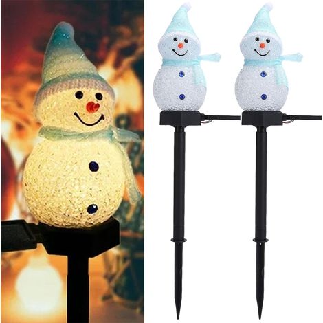 Lot de 2 lumières solaires de bonhomme de neige de Noël avec piquet, lumières solaires Bleu pour allée de Noël, décorations de Noël – extérieures (1/5)