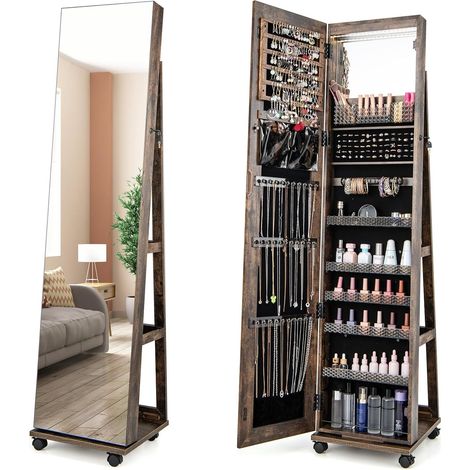 Goplus – Armoire à bijoux mobile avec miroir pleine longueur – 5 niveaux réglables – Lumières LED 3 couleurs – Construction robuste avec serrure – 40 x 38 x 164 cm (1/5)