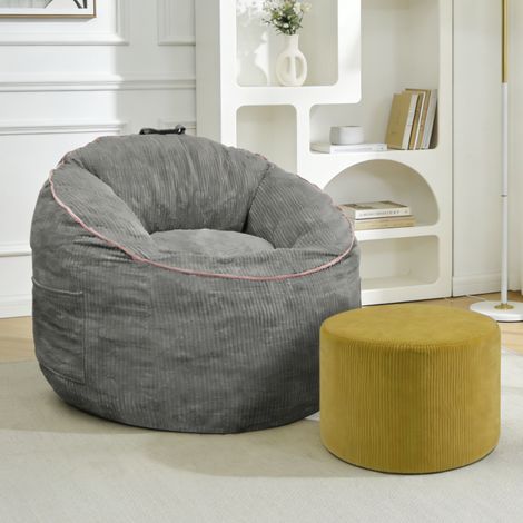 Fauteuil poire avec ottoman gris en flanelle avec poche latérale et assise ergonomique (1/4)