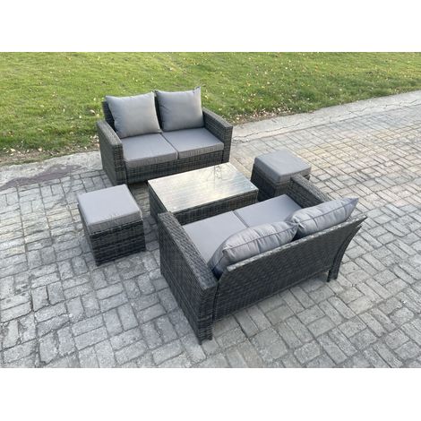 Fimous Rattan Gartenmöbel Sofa Set mit Rechteckig Couchtisch Doppelsitz-Sofa 2 Kleiner Fußhocker 6-Sitzer Gartenlounge Set Dunkelgrau Gemischt (1/5)