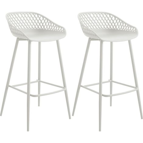 Idimex – Lot de 2 tabourets de bar – Assise coque en plastique polypropylène blanc – Pieds en métal laqué blanc – Hauteur d'assise 75 cm