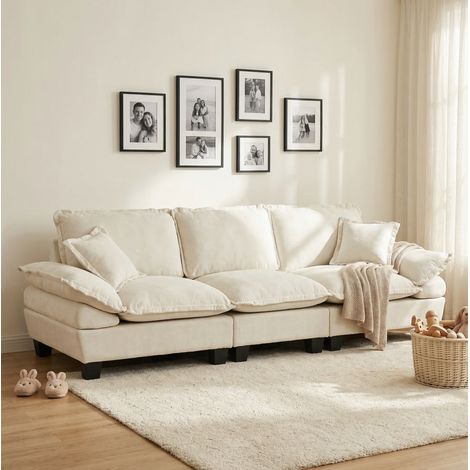 Sofá de 3 plazas de chenilla beige, 264 x 85 x 90 cm, con reposabrazos curvos HAVRYA (1/5)