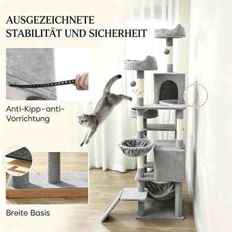 Albero tiragraffi a torre per gatti, con 8 pali per graffiare, 4 piattaforme, 2 nicchie, scaletta e 3 palline gioco, altezza totale 192 cm. (1/5)