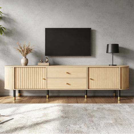 Meuble TV 180x40x58 cm en panneaux de bois et métal, naturel, avec rangement pour salon FloraGrace (1/5)