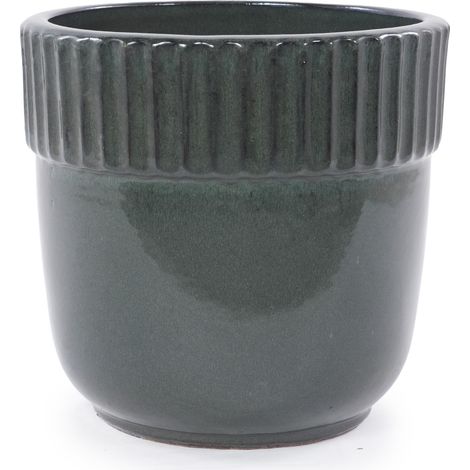 Maceta de cerámica hecha a mano Ø 23 cm verde oscuro brillante con estrías y drenaje (1/5)
