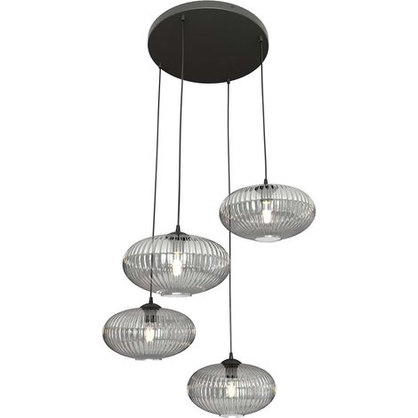 Lampadario 4 Luci Coco Base Tonda In Acciaio Nero Paralume Plissettato Fumè (1/5)